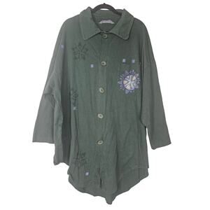 Vintage 90s Blue Fish XL Forest Green Jacket Handpainted Lagenlook Cotton Art